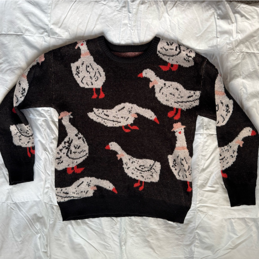 All-Over Goose Print Knit Crewneck Sweater - Black & White (unisex)